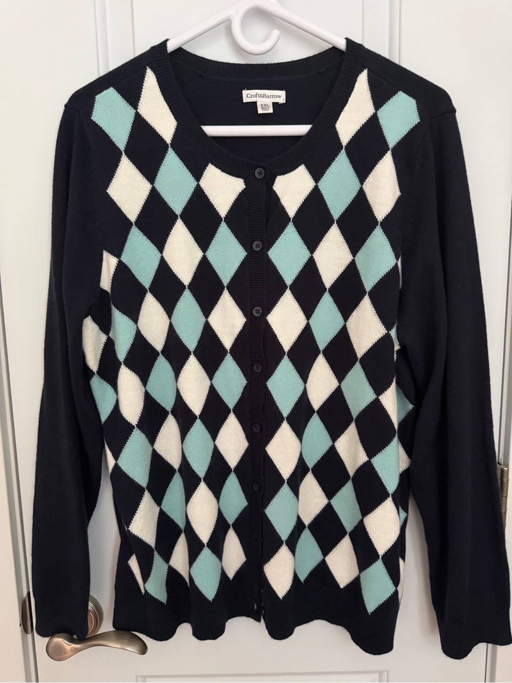 croft & barrow Black Cardigan with Mint and White Argyle